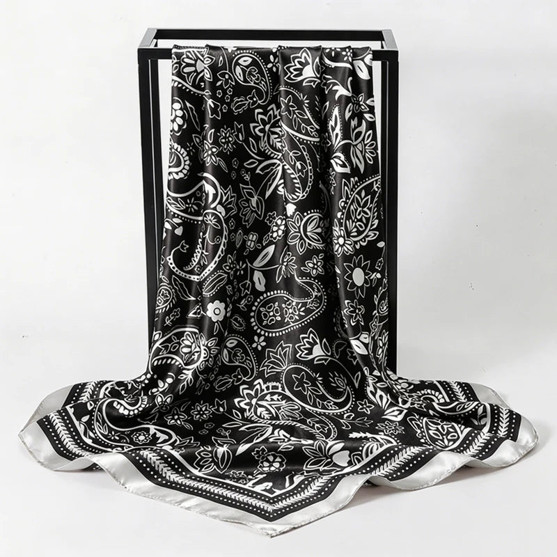 Black Satin Square Scarf Paisley Floral Print Bandana