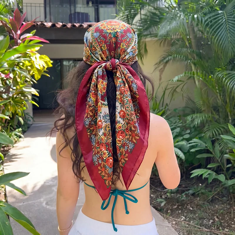 Red Satin Square Scarf Paisley Floral Print Bandana