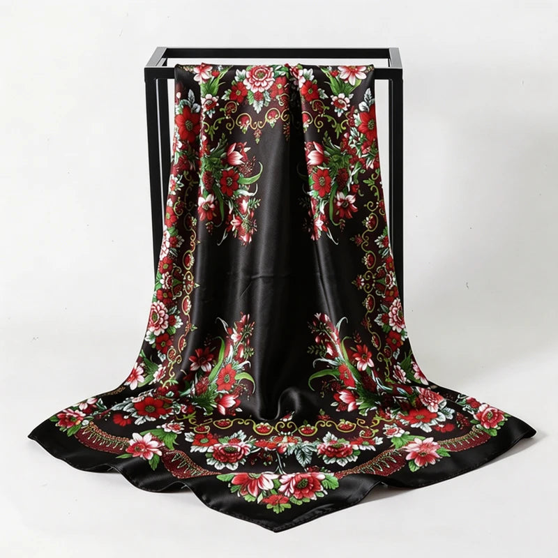 Black Satin Square Scarf Paisley Floral Print Bandana