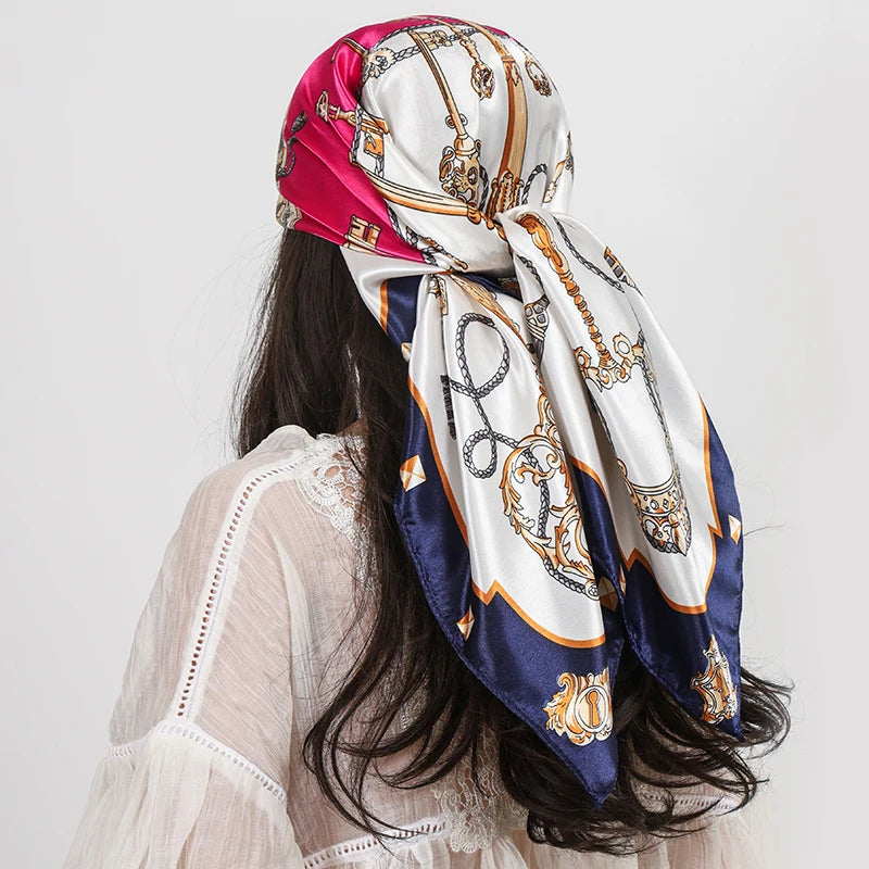 Blue Red Scarf Foulard 90cm Square Silk Scarf Shawls Hijab