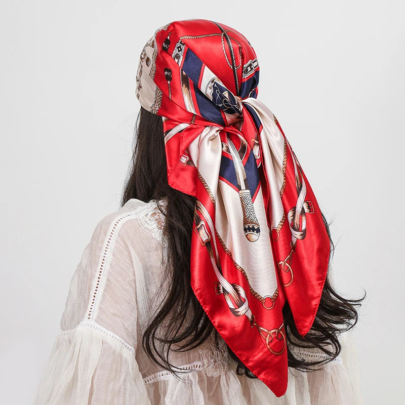 Red Beige Scarf Foulard 90cm Square Silk Scarf Shawls Hijab