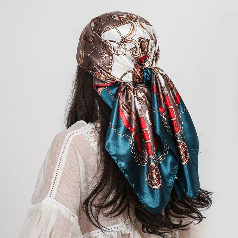 Blue Scarf Foulard 90cm Square Silk Scarf Shawls Hijab