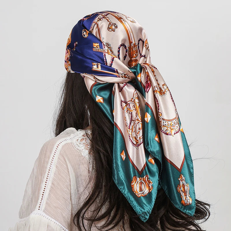 Green Blue Scarf Foulard 90cm Square Silk Scarf Shawls Hijab