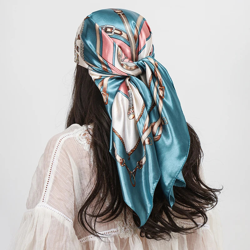 Blue Scarf Foulard 90cm Square Silk Scarf Shawls Hijab