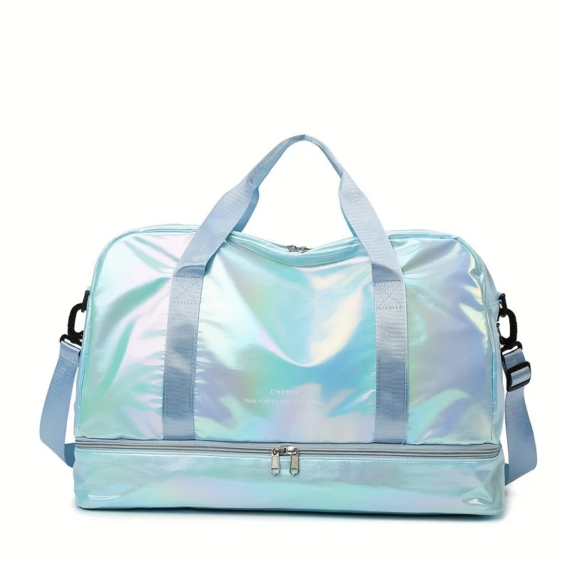Blue Lightweight Nylon Large Holographic Duffel Bag