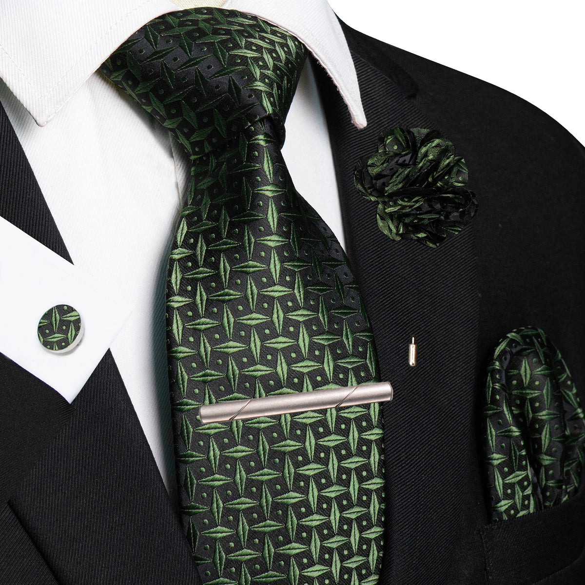 Green 8cm Silk Tie Pin Pocket Square Cufflinks Tie