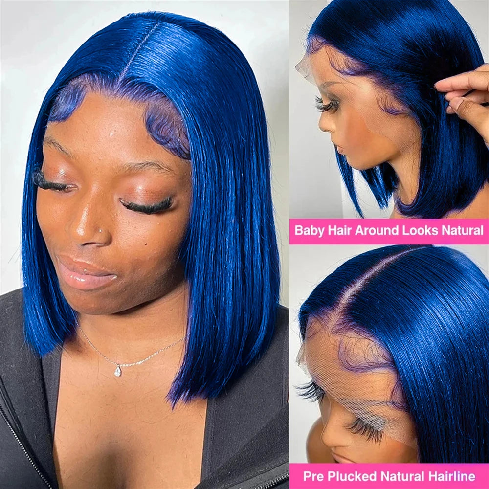 13x4 Brazilian Straight Hair Wig Blue Bob Human Hair