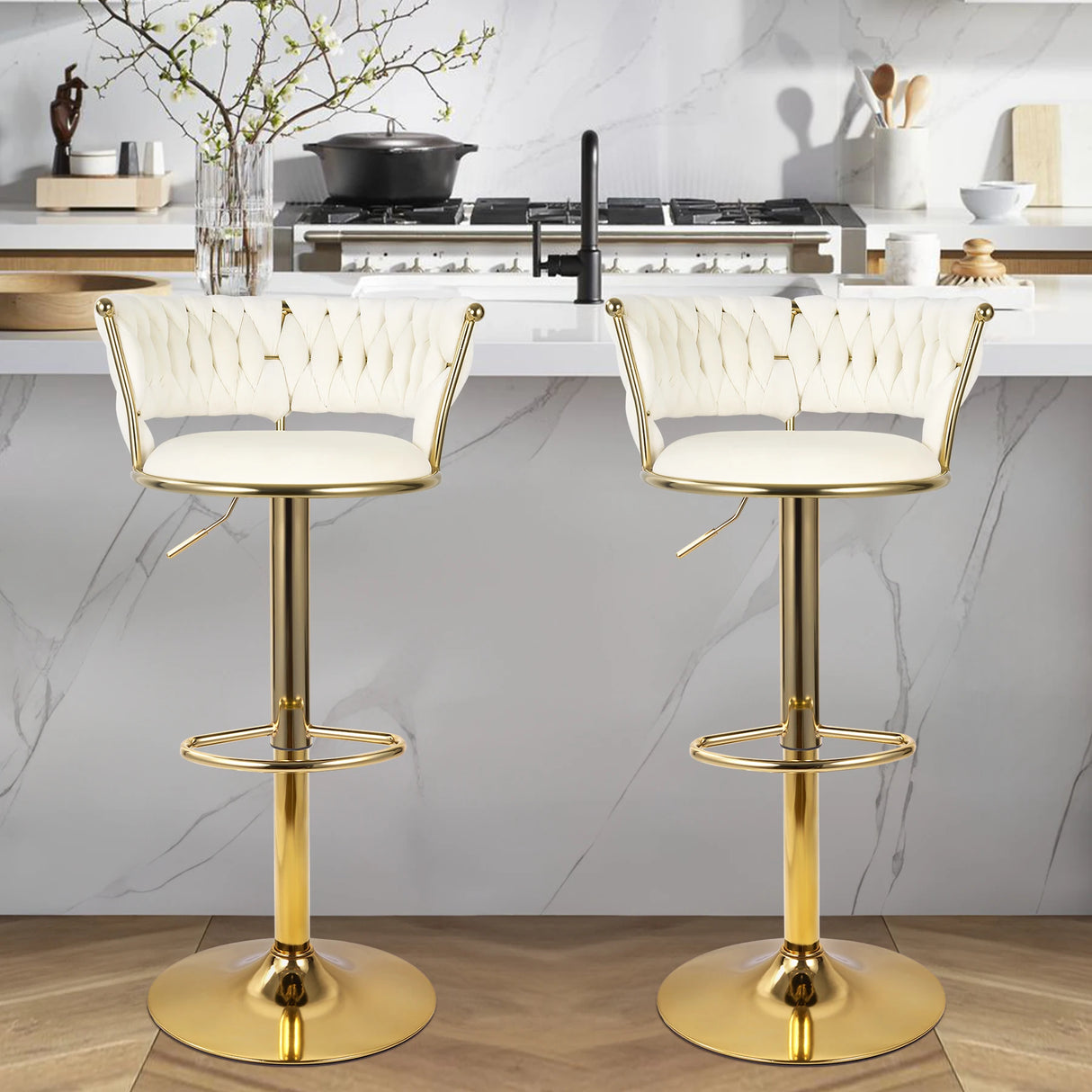 Set of 2 modern swivel bar stools with adjustable height and backrest for kitchen or bar