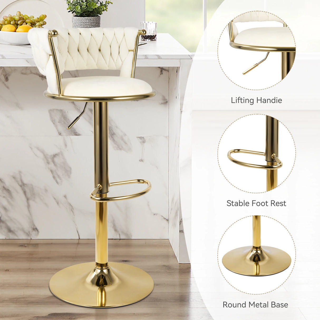 Set of 2 modern swivel bar stools with adjustable height and backrest for kitchen or bar