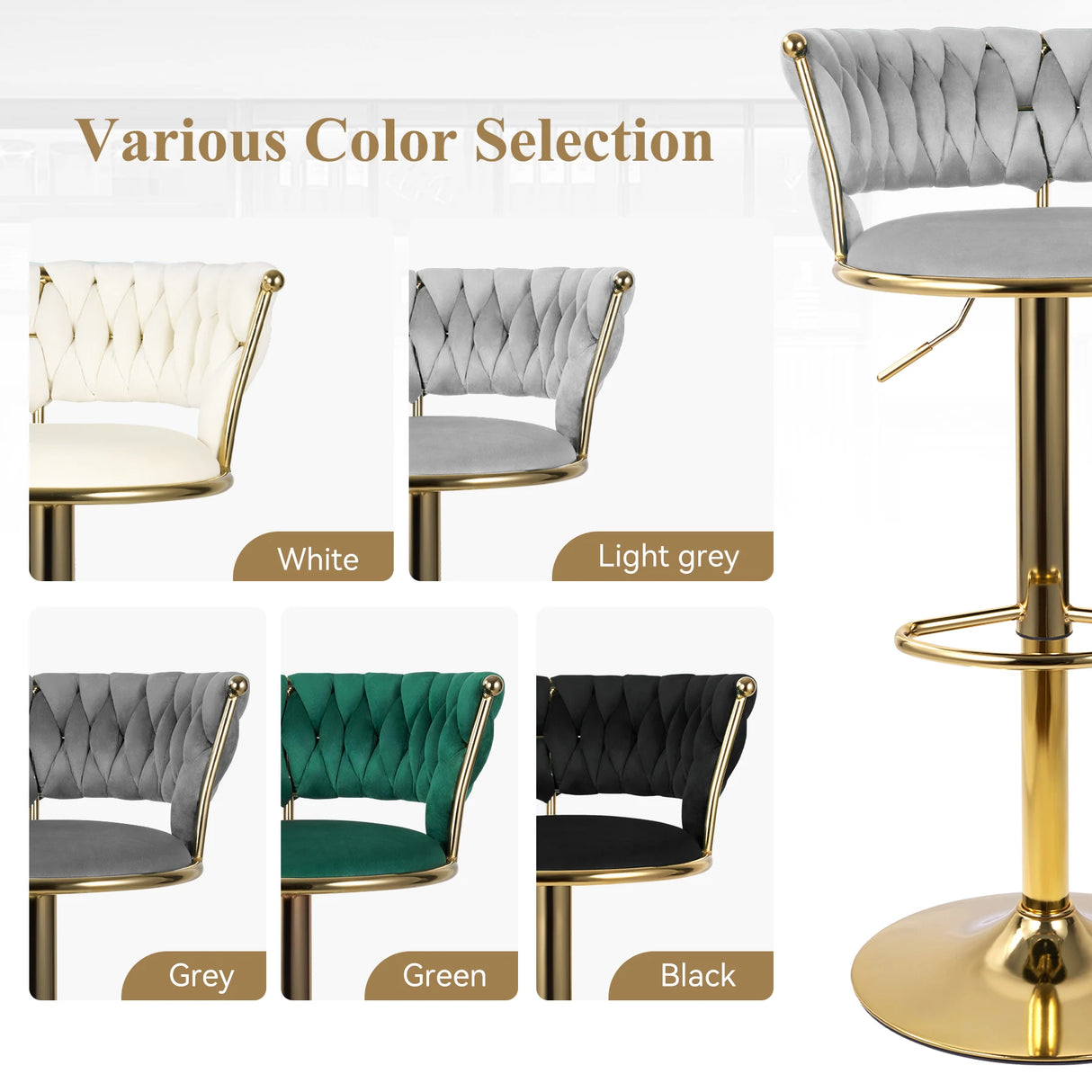 Set of 2 modern swivel bar stools with adjustable height and backrest for kitchen or bar