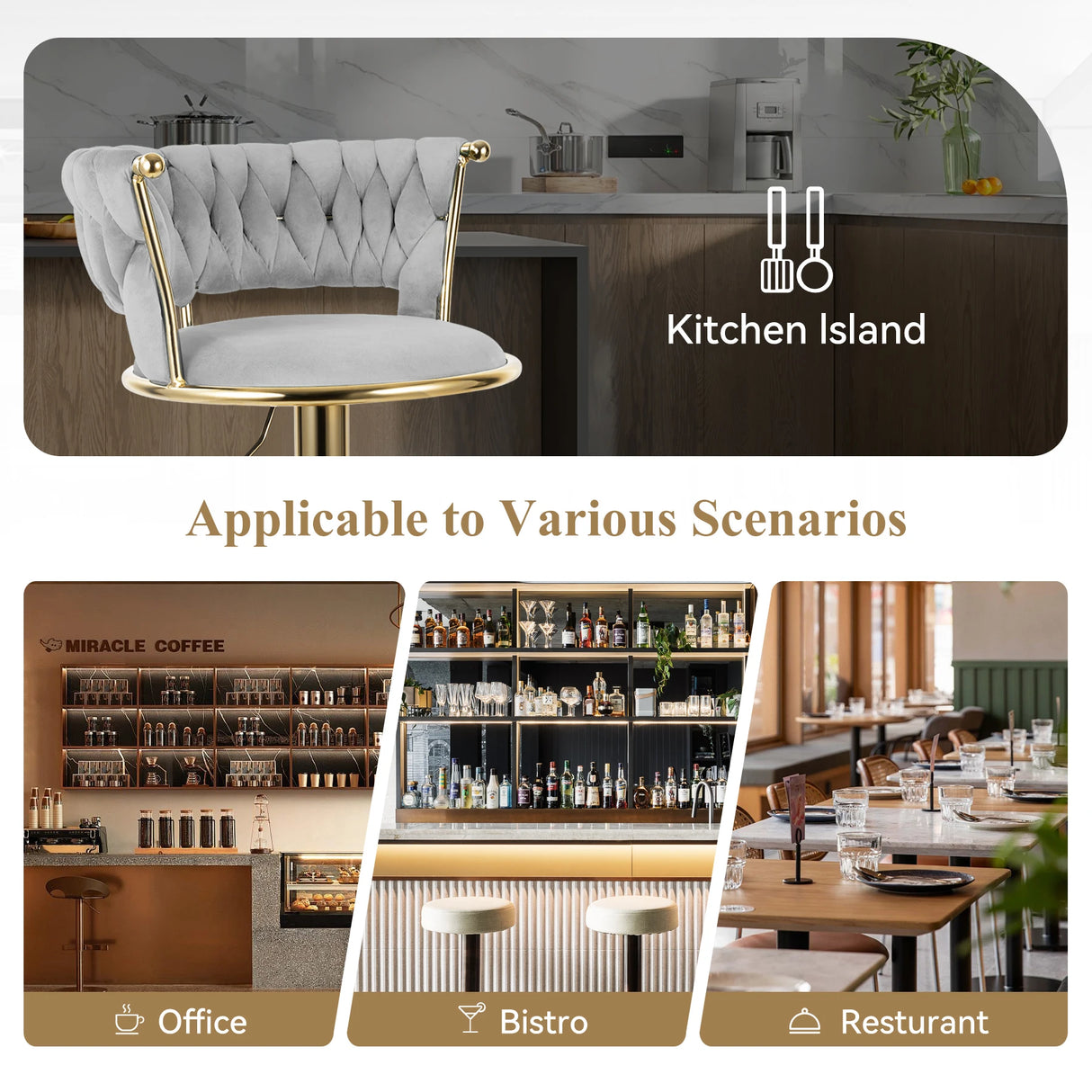 Set of 2 modern swivel bar stools with adjustable height and backrest for kitchen or bar