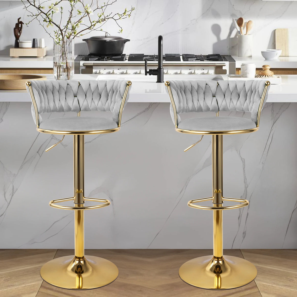 Set of 2 modern swivel bar stools with adjustable height and backrest for kitchen or bar