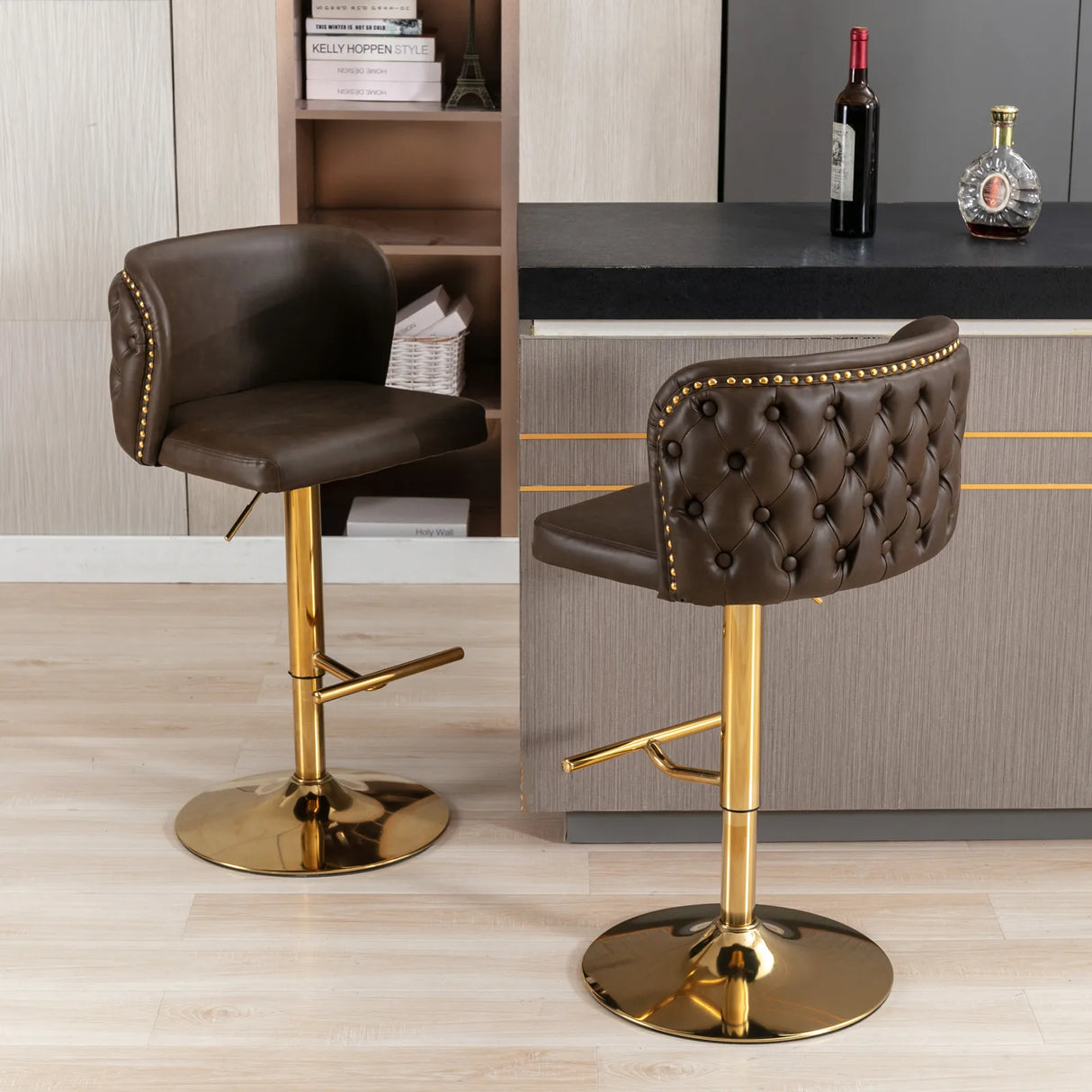 Set of 2 swivel PU leather bar stools with gold nailhead trim and adjustable height