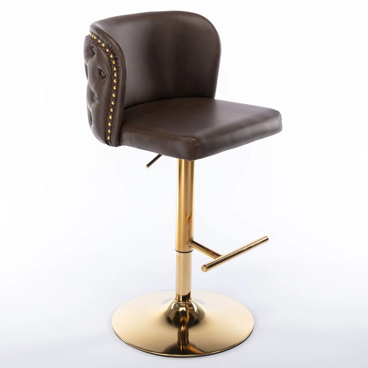 Set of 2 swivel PU leather bar stools with gold nailhead trim and adjustable height