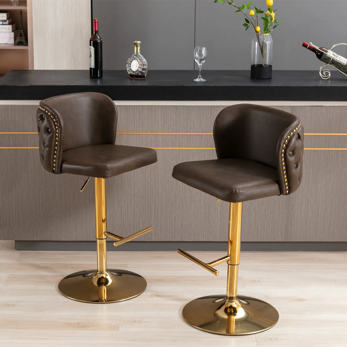 Set of 2 swivel PU leather bar stools with gold nailhead trim and adjustable height
