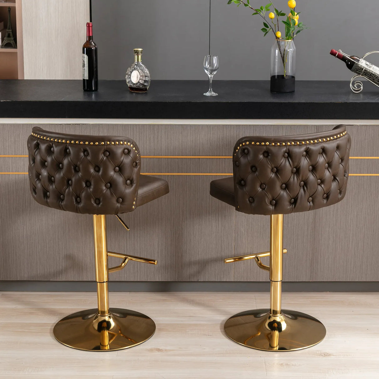 Set of 2 swivel PU leather bar stools with gold nailhead trim and adjustable height