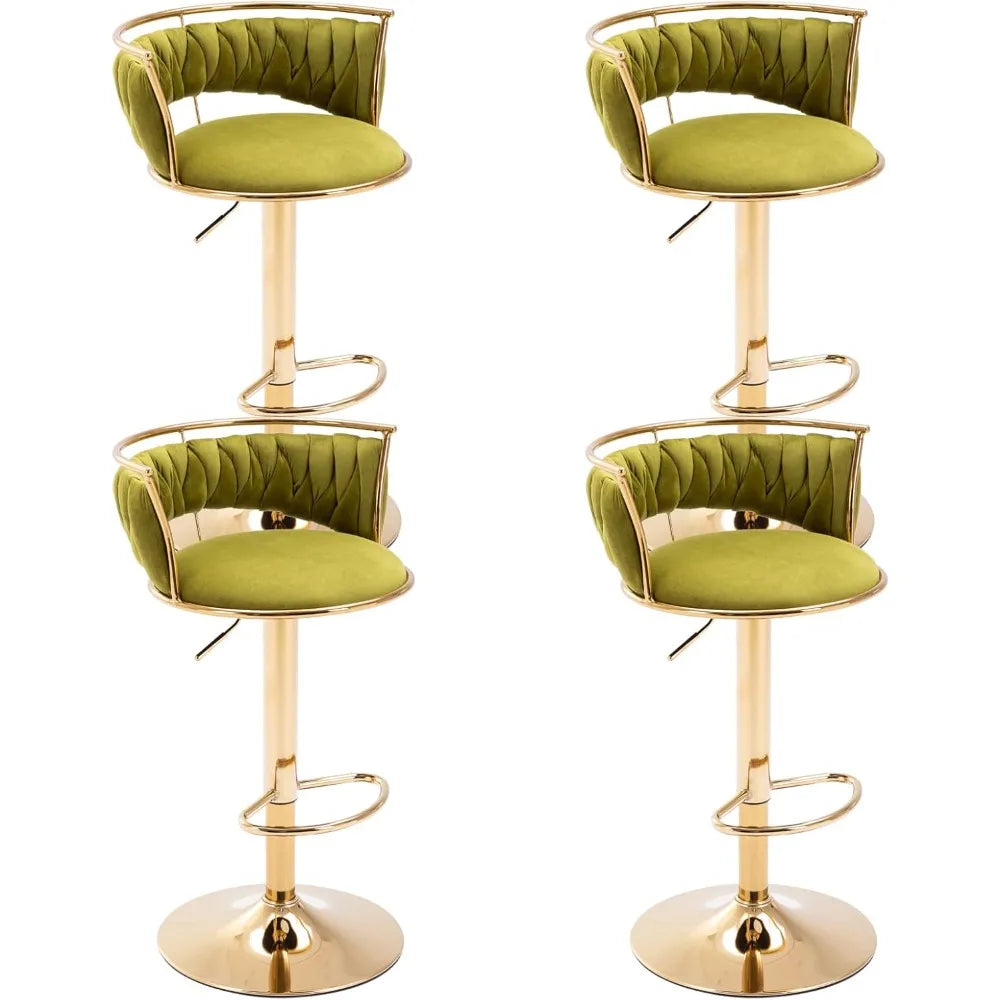 Set of 4 modern velvet swivel bar stools with low back and adjustable height on golden base