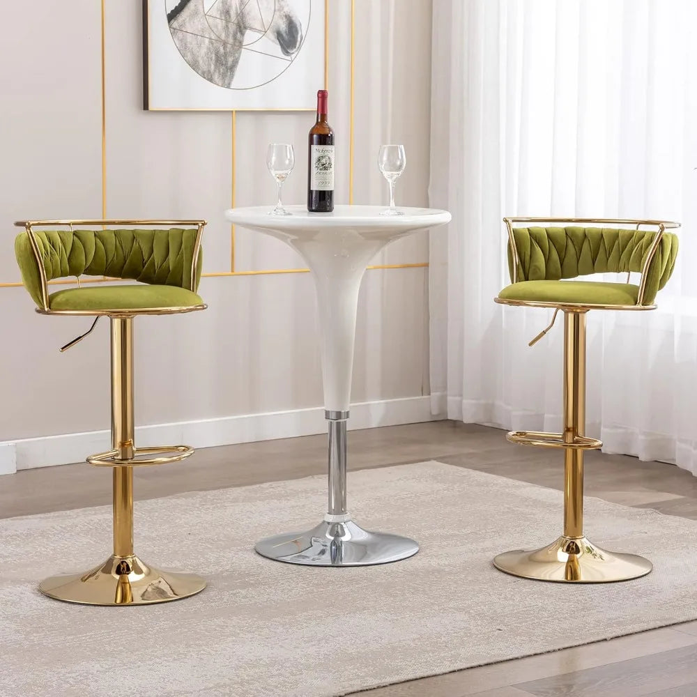 Set of 4 modern velvet swivel bar stools with low back and adjustable height on golden base