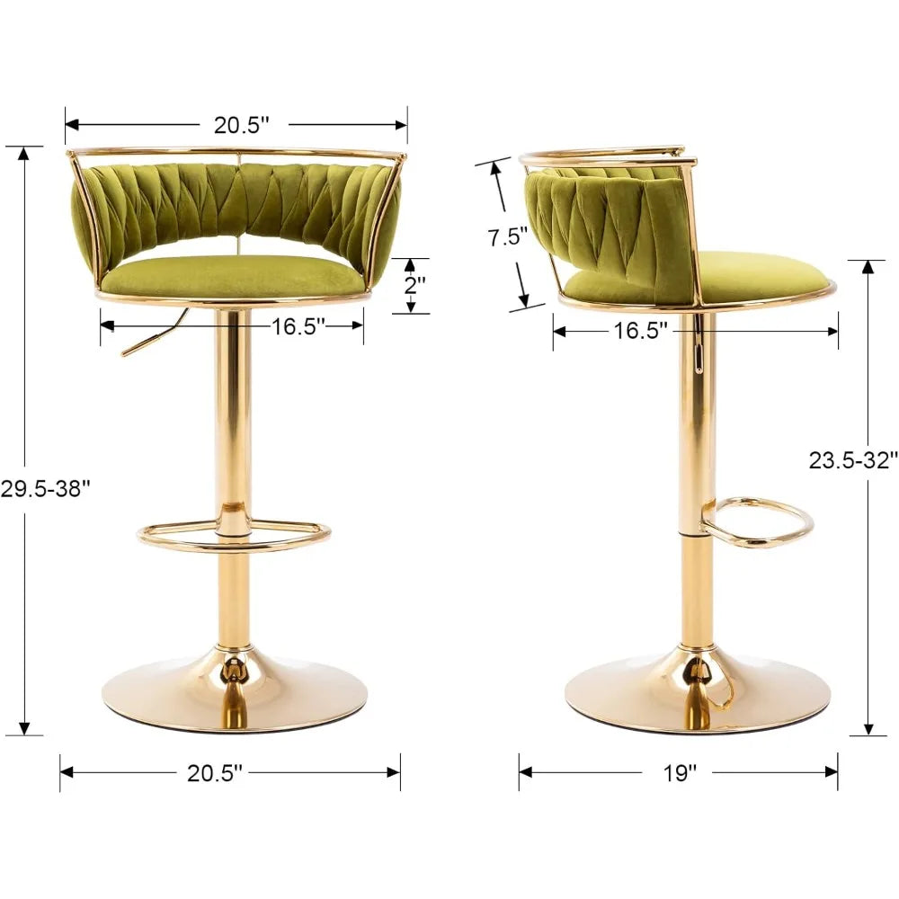 Set of 4 modern velvet swivel bar stools with low back and adjustable height on golden base Dimension