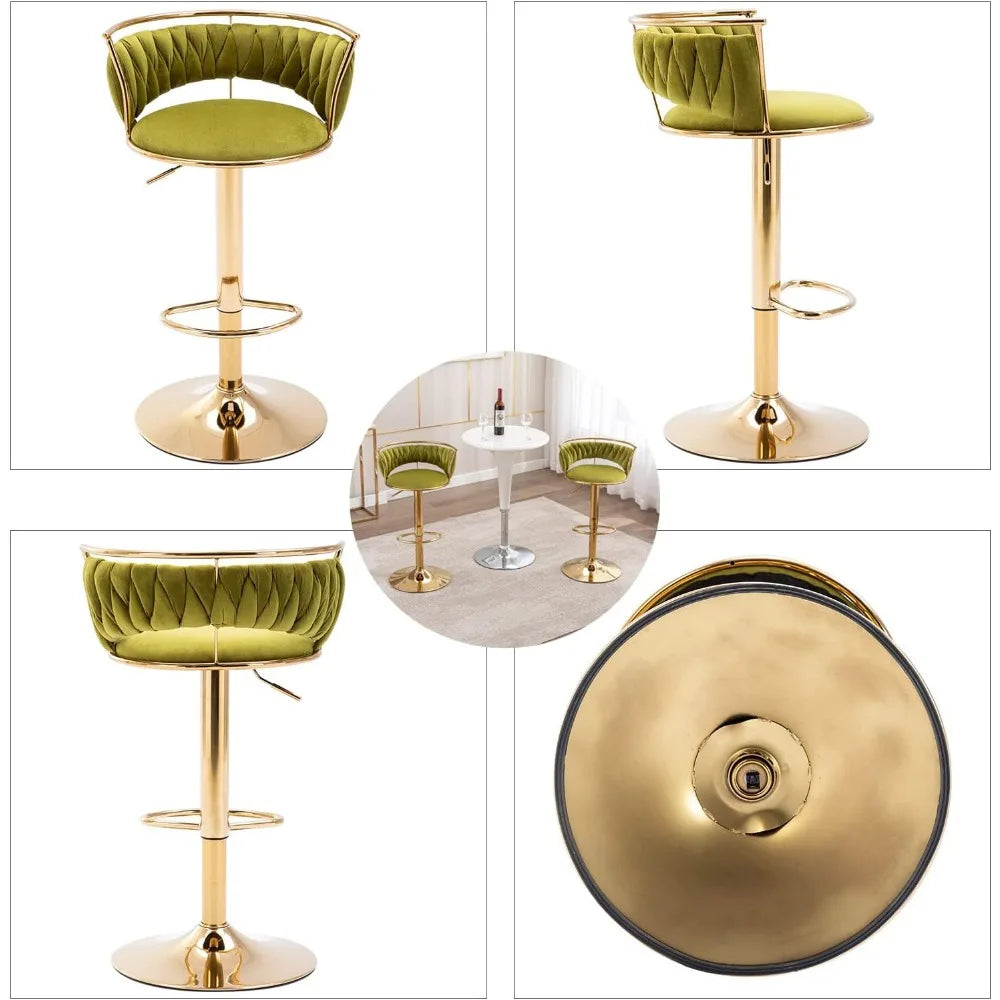 Set of 4 modern velvet swivel bar stools with low back and adjustable height on golden base