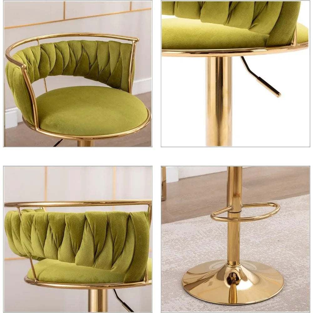 Set of 4 modern velvet swivel bar stools with low back and adjustable height on golden base