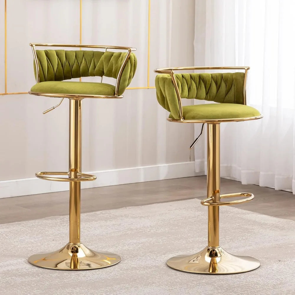 Set of 4 modern velvet swivel bar stools with low back and adjustable height on golden base