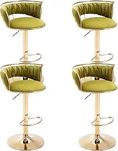 Set of 4 modern velvet swivel bar stools with low back and adjustable height on golden base