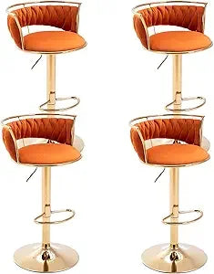 Set of 4 modern velvet swivel bar stools with low back and adjustable height on golden base