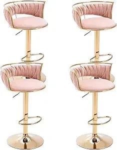 Set of 4 modern velvet swivel bar stools with low back and adjustable height on golden base