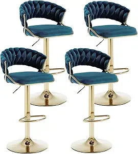 Set of 4 modern velvet swivel bar stools with low back and adjustable height on golden base