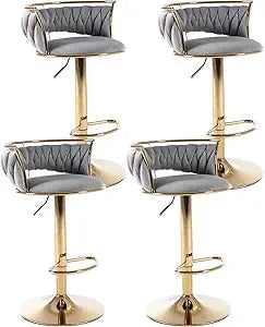 Set of 4 modern velvet swivel bar stools with low back and adjustable height on golden base