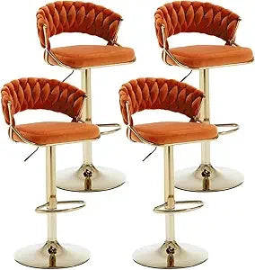 Set of 4 modern velvet swivel bar stools with low back and adjustable height on golden base