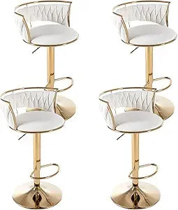 Set of 4 modern velvet swivel bar stools with low back and adjustable height on golden base