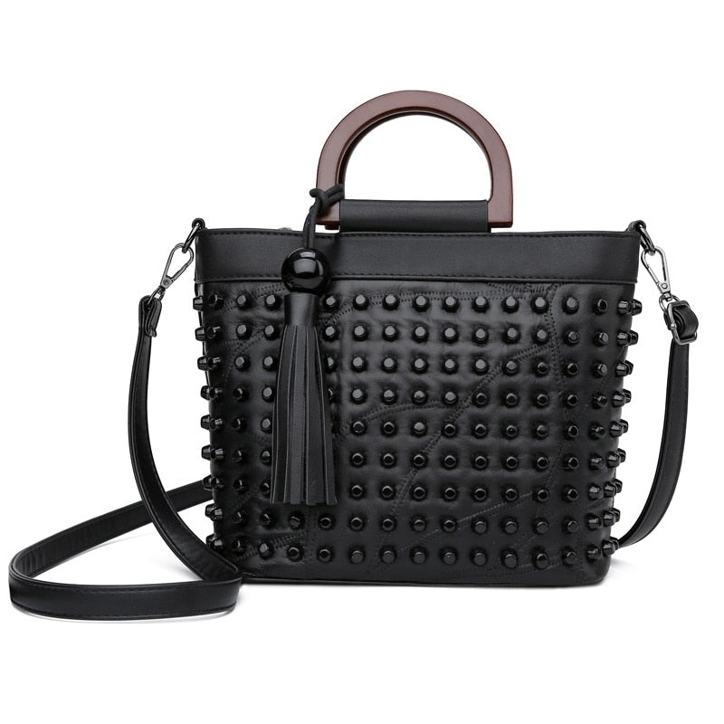 Black Sheepskin Leather Rivet Handbag