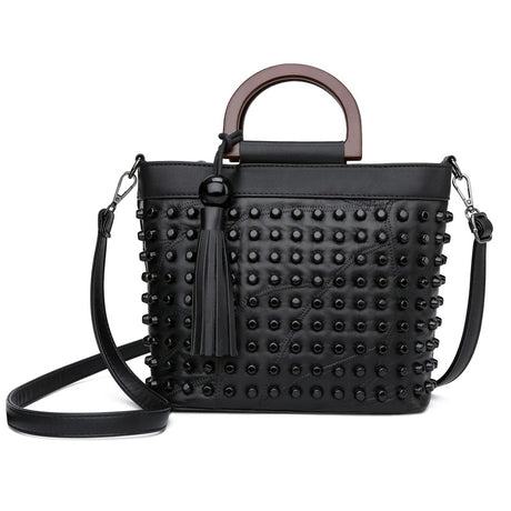 Black Sheepskin Leather Rivet Handbag