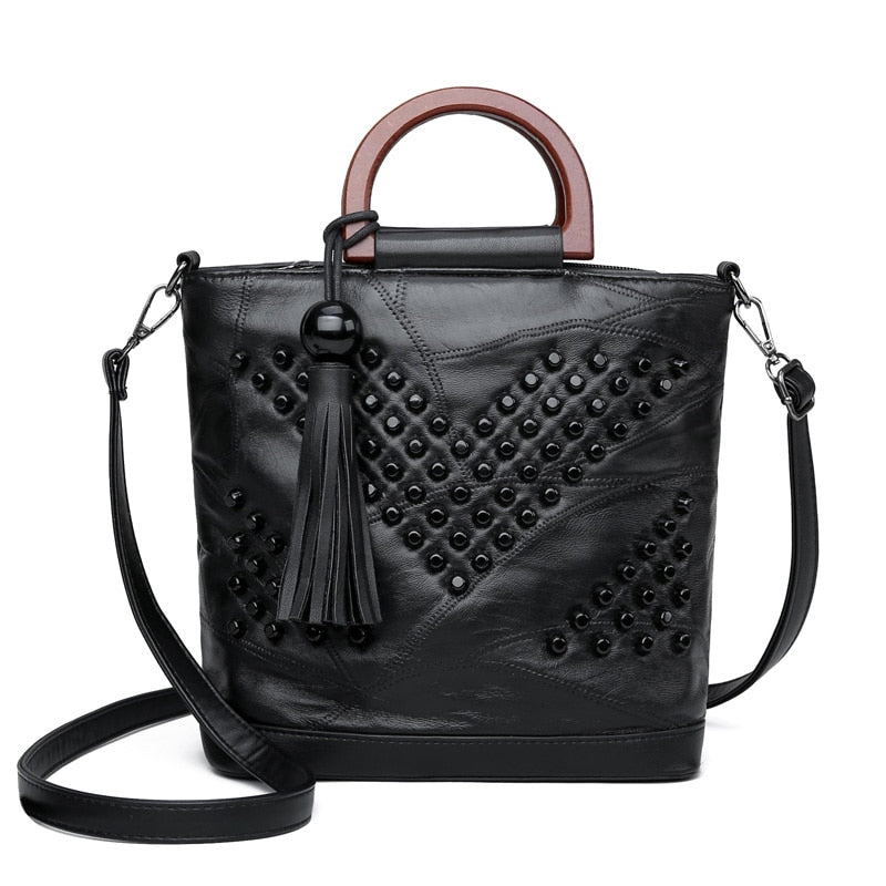 Black Sheepskin Leather Rivet Handbag