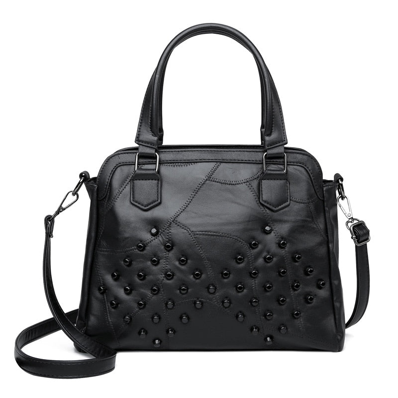 Black Sheepskin Leather Rivet Handbag