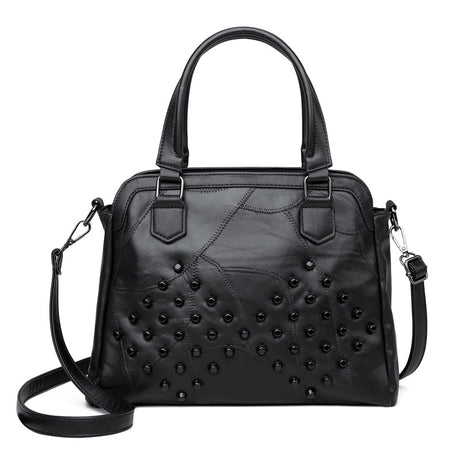 Black Sheepskin Leather Rivet Handbag