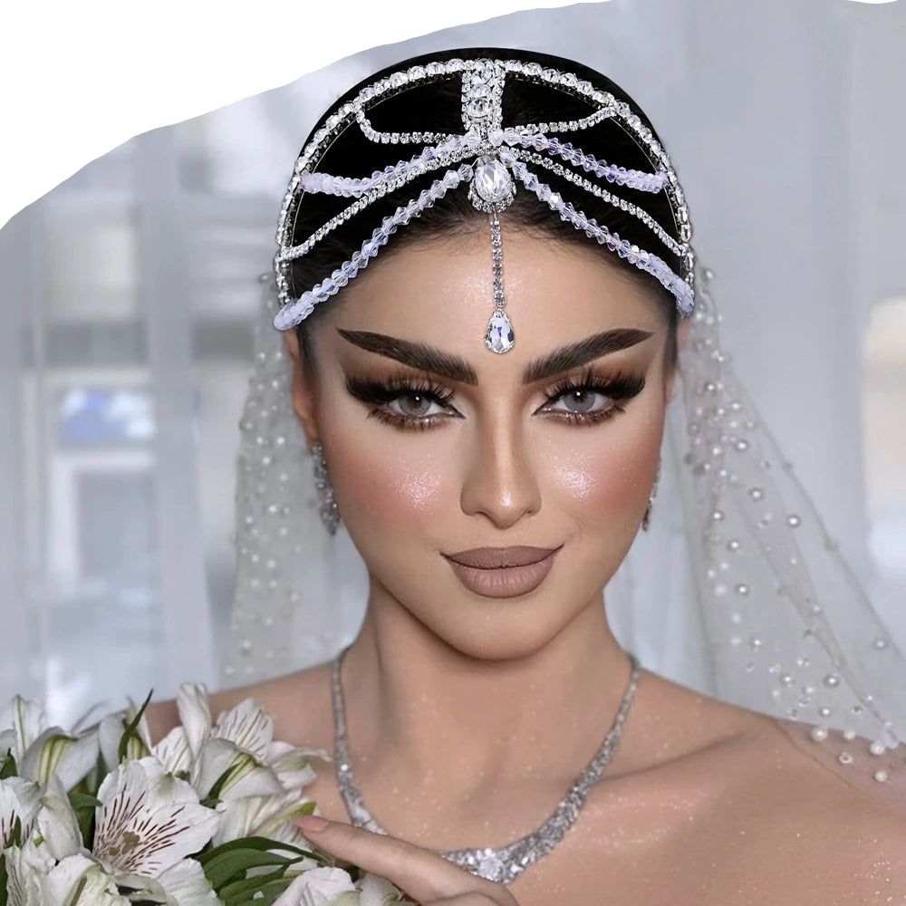 bride using Shiny Crystal Rhinestone Bridal Headband