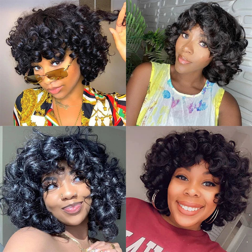 Model Using Short Bob Bouncy Curly Human Hair Wigs With Bangs