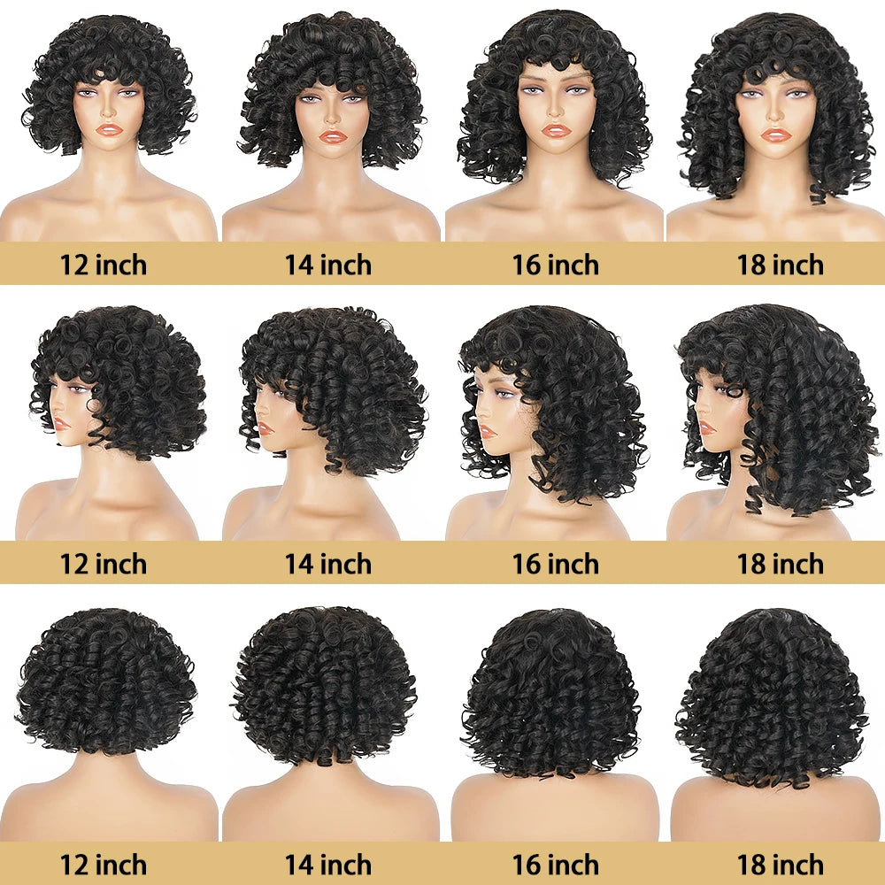 Sizes of Short Bob Bouncy Curly Human Hair Wigs With Bangs