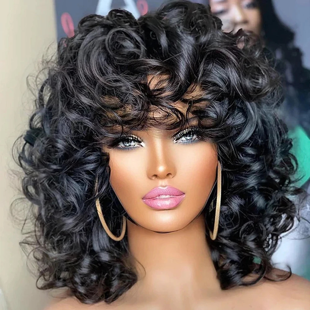 Black Short Bob Bouncy Curly Human Hair Wigs With Bangs
