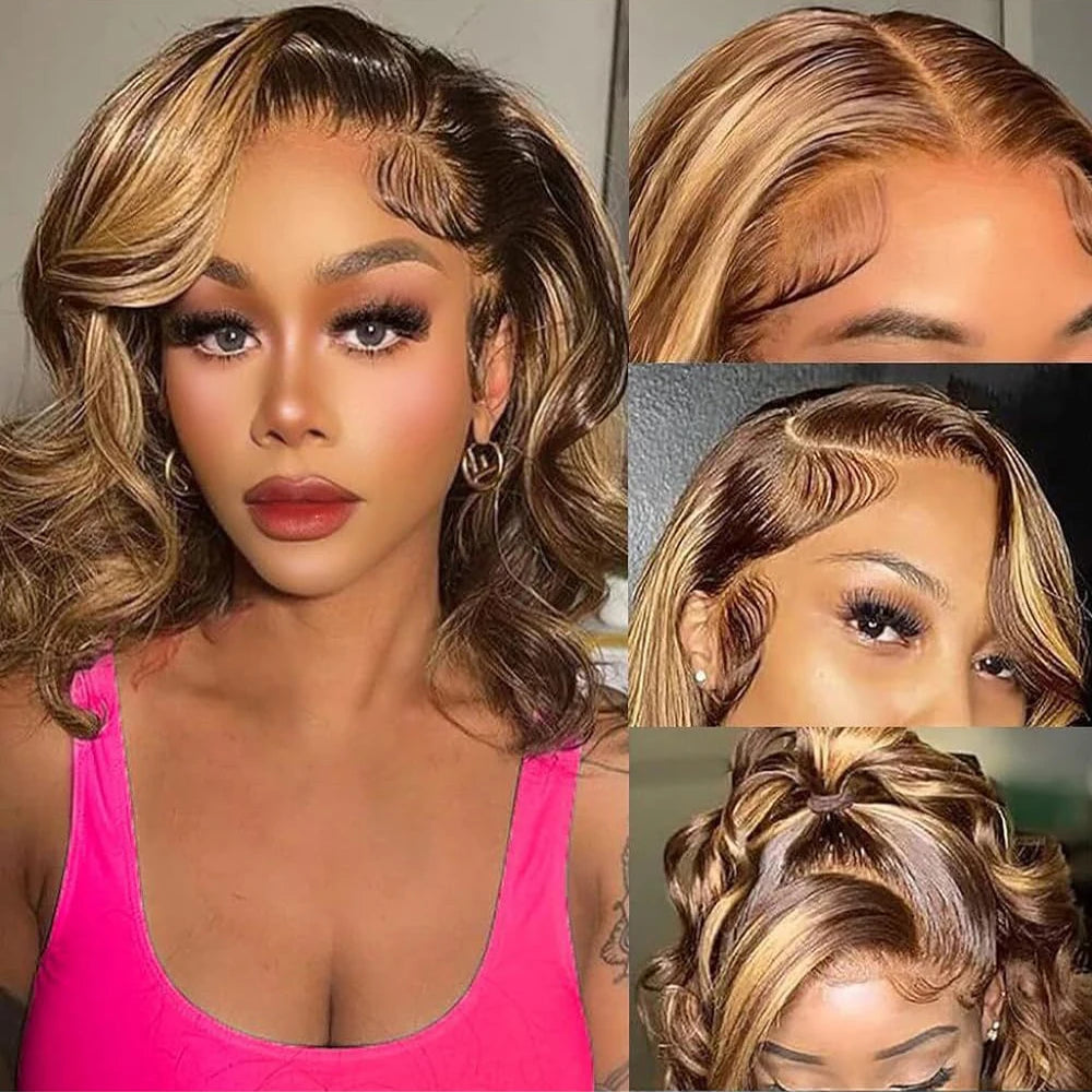Model Using Short Bob Ombre Highlight 13x4 100% Wigs Human Hair