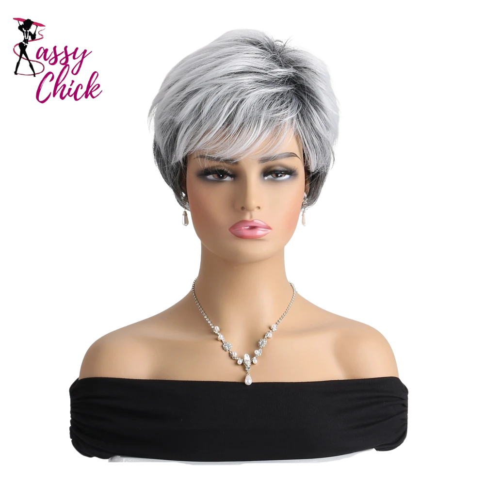 Short Curly Natural Synthetic Grey 10 Inch Wig Sassy Chick Logo