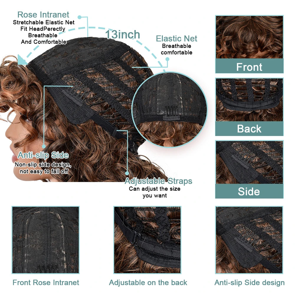Short Curly Synthetic Natural Wigs cap
