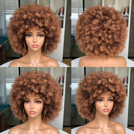 Short Hair Afro Kinky Curly Wig With Bangs brown
