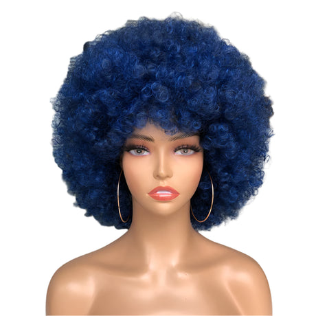 Short Hair Afro Kinky Curly Wig With Bangs blue