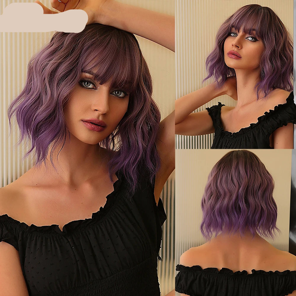 Purple Short Purple Curly Wave Synthetic Wigs with Bangs