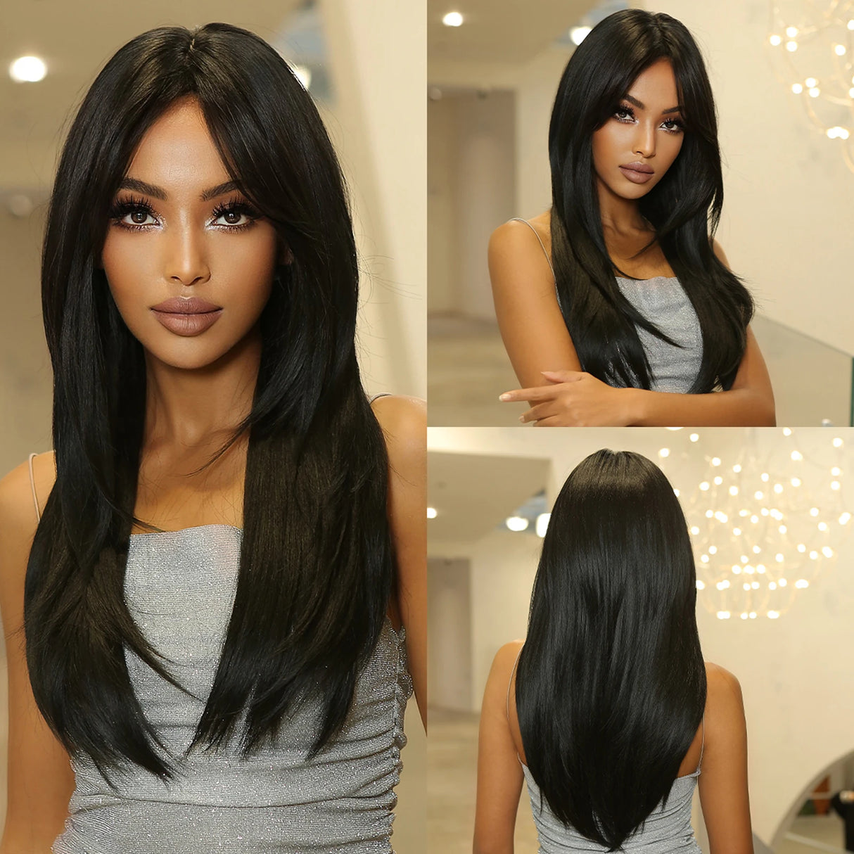 Black Short Shoulder Length Layered Natural Hairline Synthetic Wig