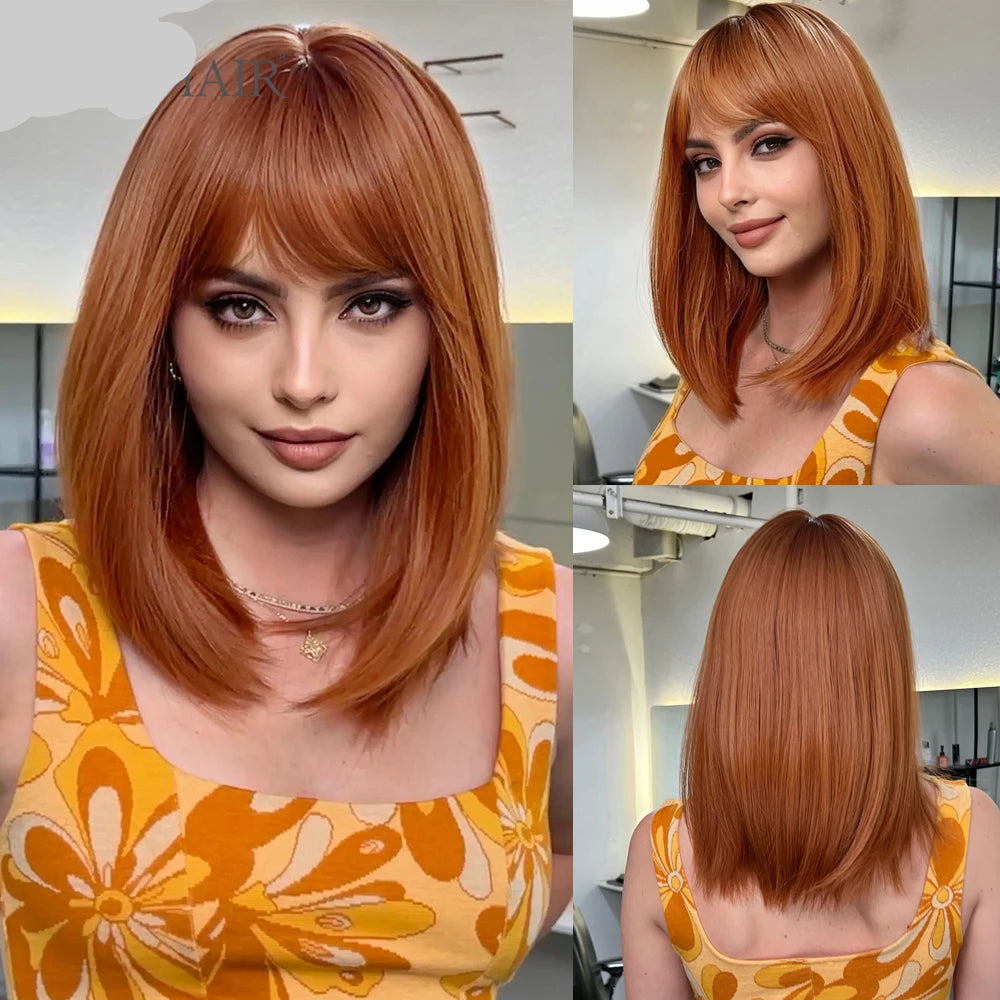 Red Short Straight Bob with Bangs Synthetic Hair Wigs